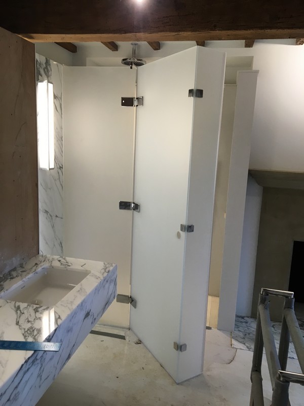 Bespoke frosted glass shower enclosure in Pinner luxury bathroom